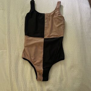 Two-Tone Black and Tan One Piece Swimsuit